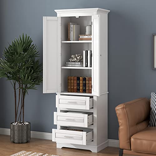 White 2 Door Tall Bathroom Storage Cabinet with 3 Drawers and Adjustable Shelves J706468
