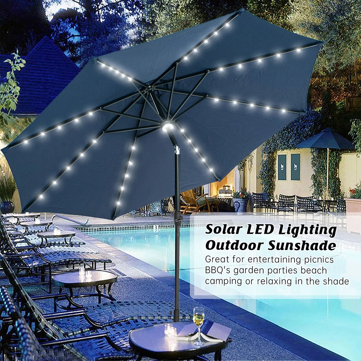 10 ft Solar Patio Umbrella with 40 LED Lights, Steel Tilt Crank, Navy Blue M350