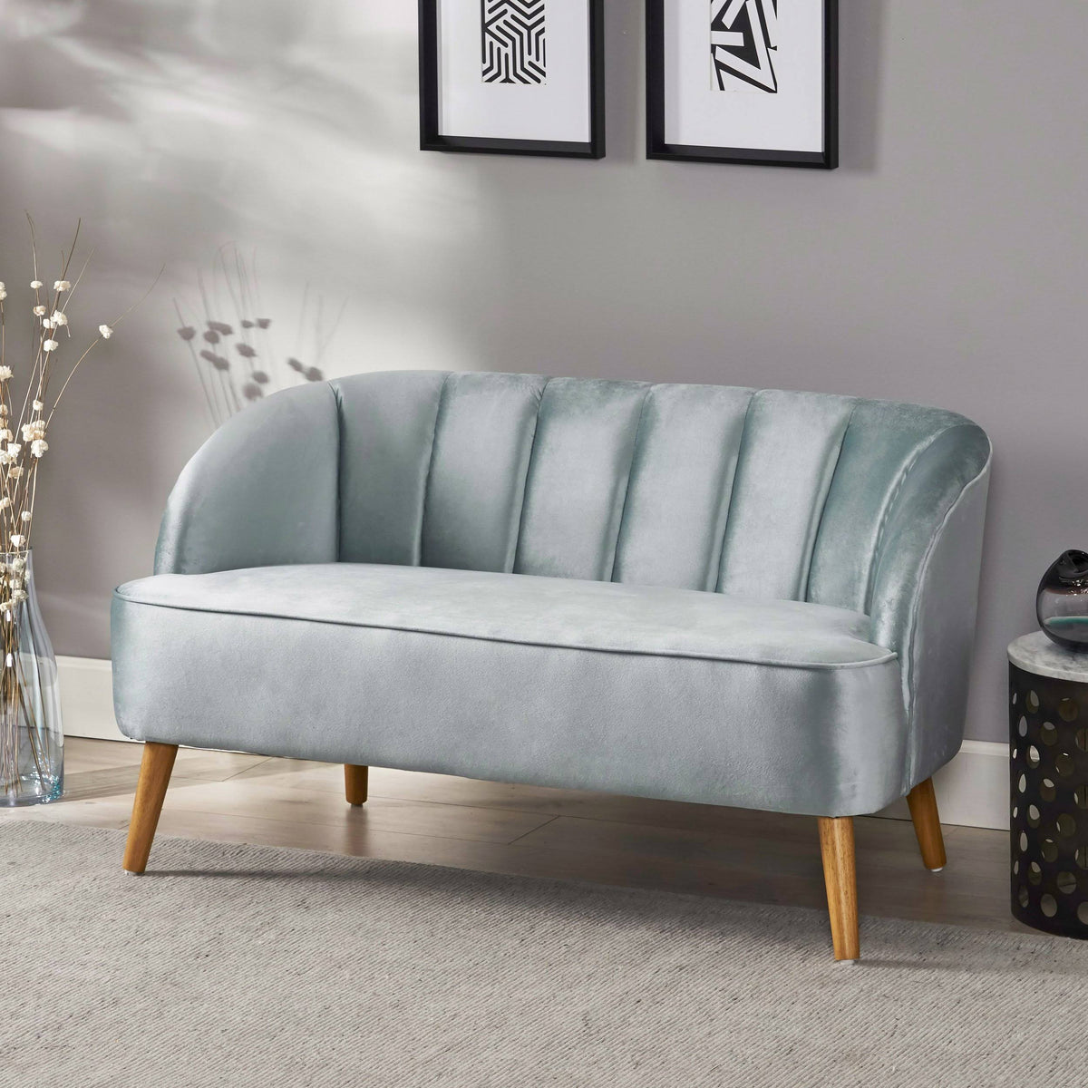 Seafoam Blue Velvet Settee Q69948