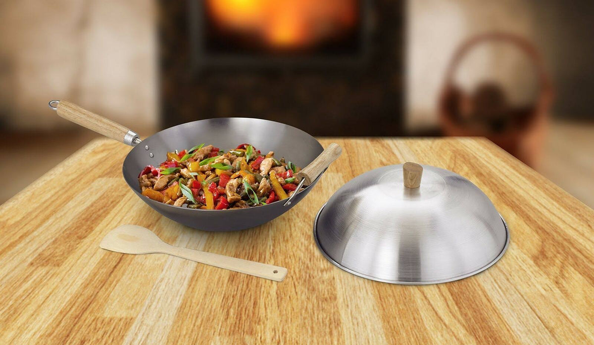 14-inch Carbon Steel Lidded Wok Stir Fry Pan Set P2741
