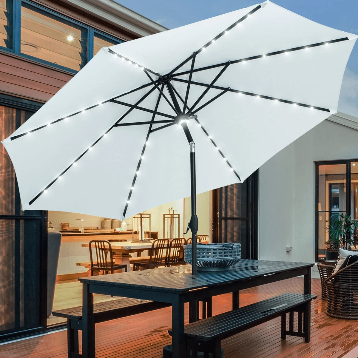 10 ft Solar Patio Umbrella with 40 LED Lights, Steel Tilt Crank, Navy Blue M350