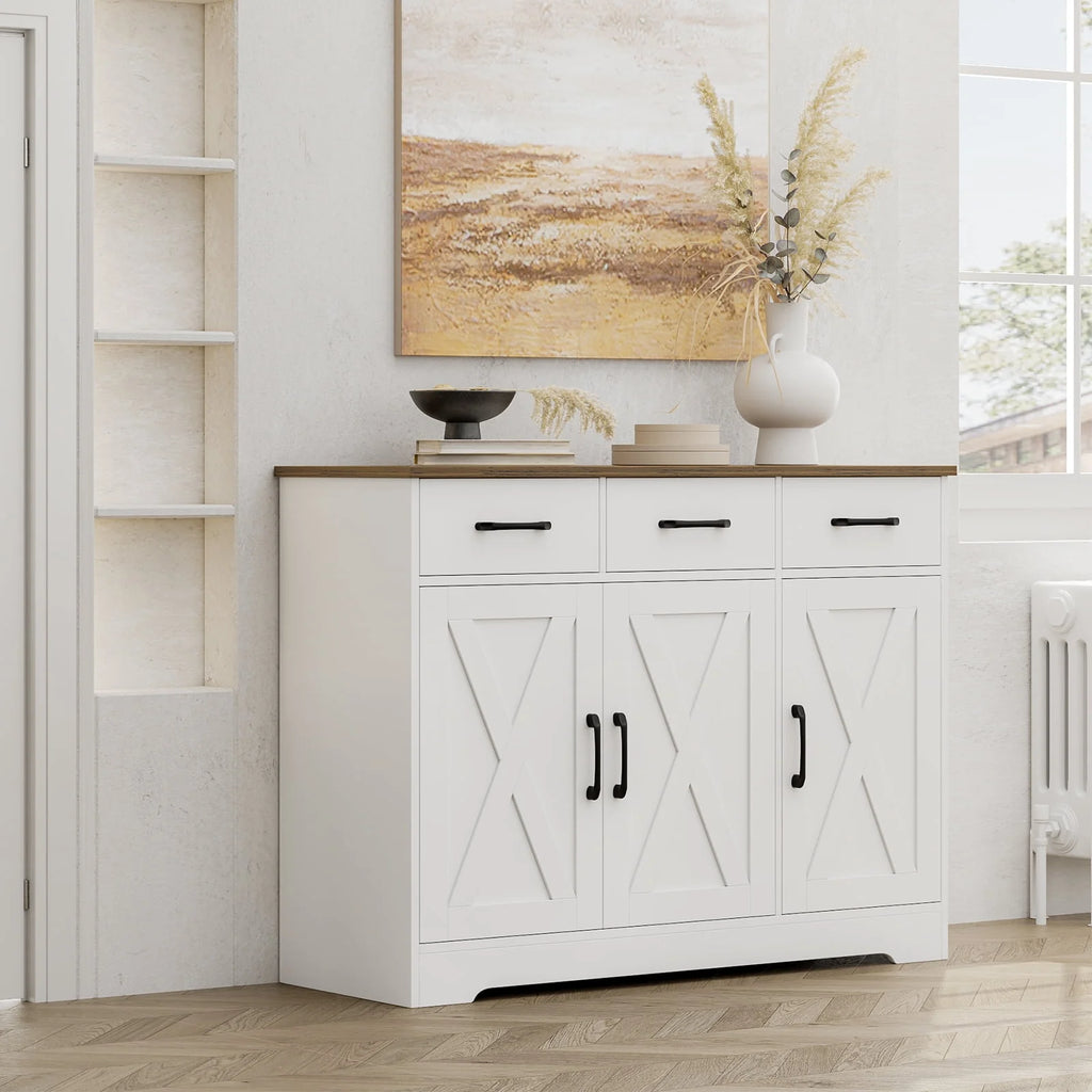 White 3 Drawer Kitchen Buffet Sideboard Cabinet with Adjustable Shelf D381
