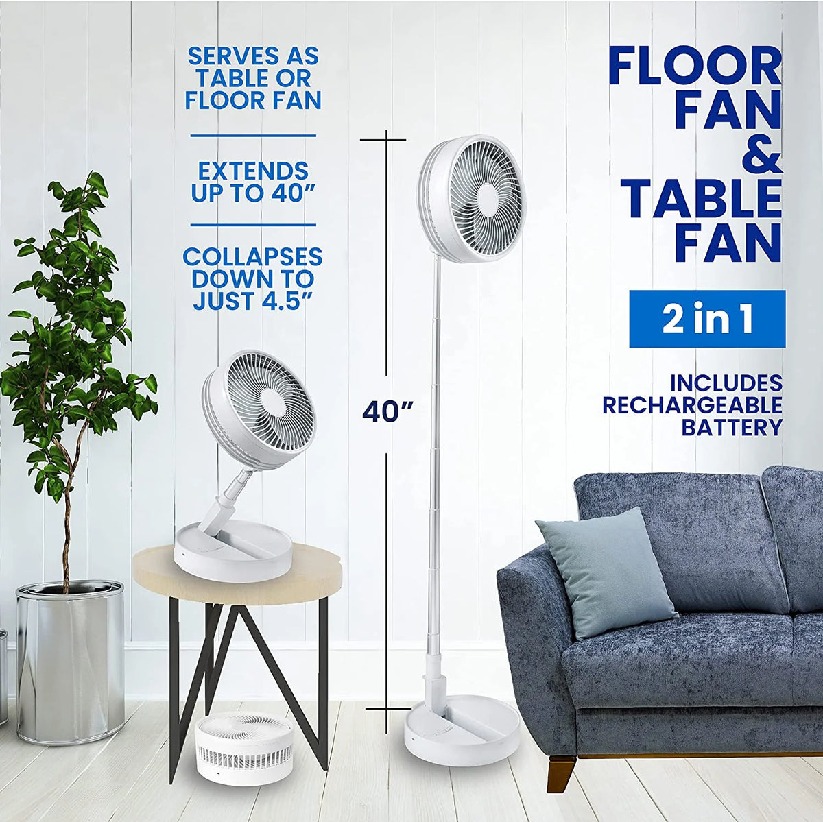 2-in-1 Adjustable Height 40 in. Foldable Portable Rechargeable Floor and Table Fan I210691