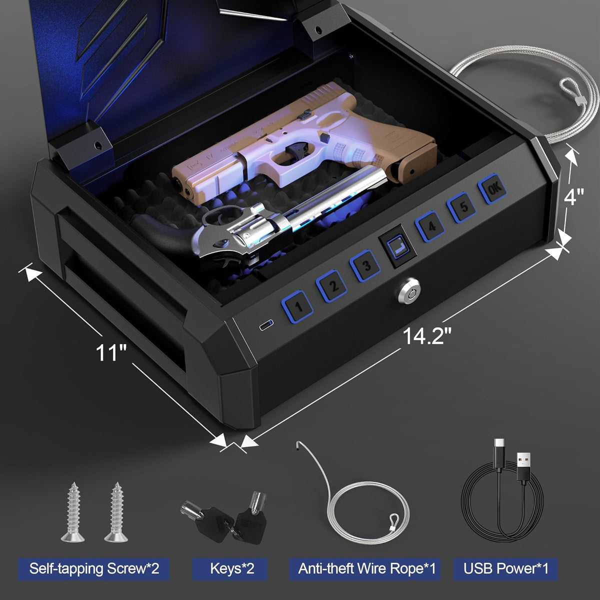 All Metal Quick-Access Pistol Safe with Fingerprint Lock and Key Pad I709082