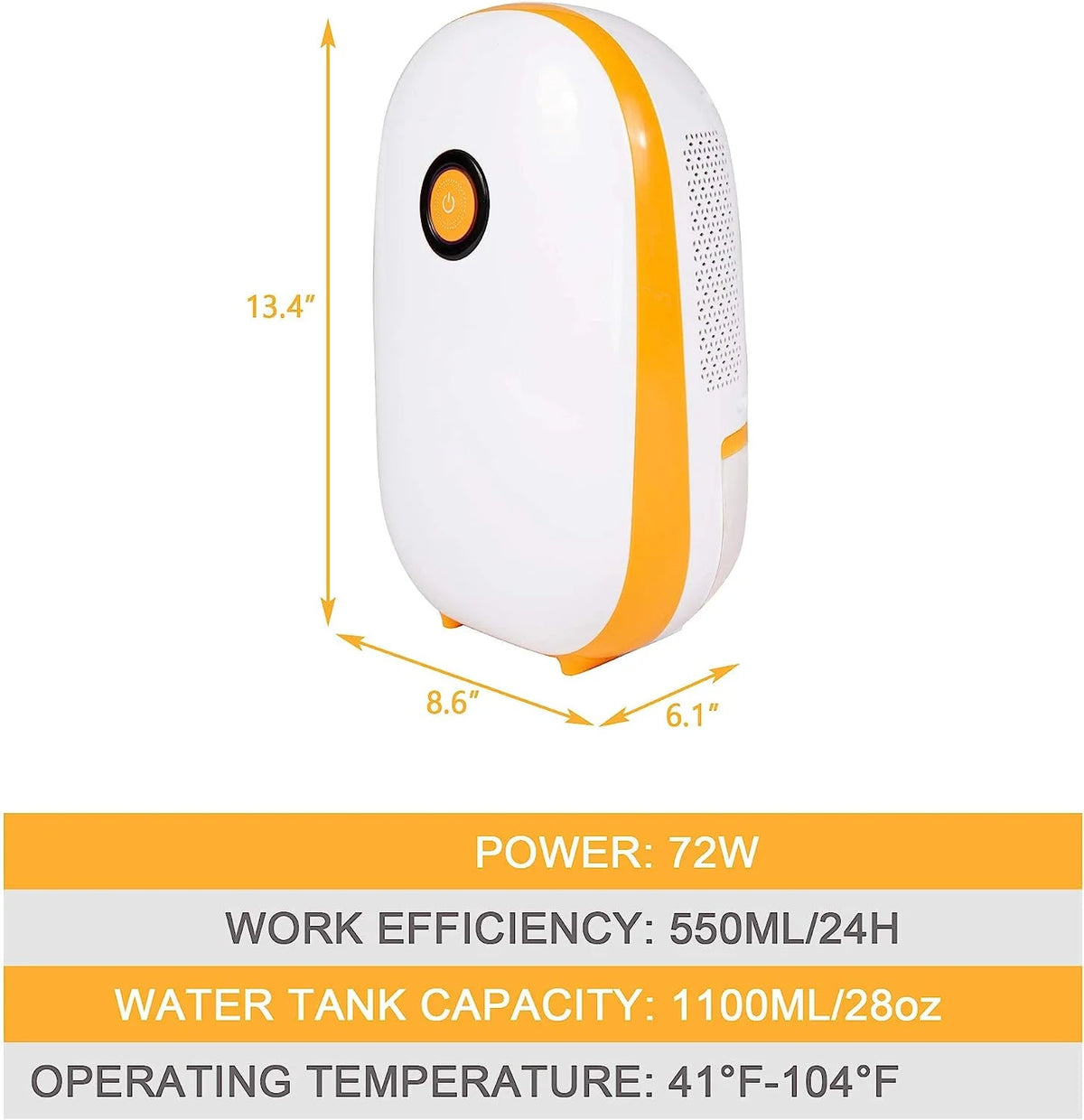 Orange Portable Dehumidifier with Auto Shut-off, 1100ml Water Tank C459