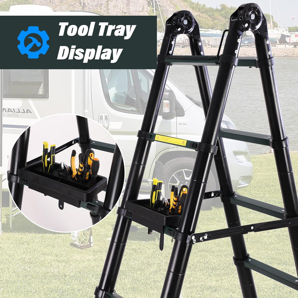 16.5FT Telescoping Aluminum Ladder with Tool Platform and Wheels O6799