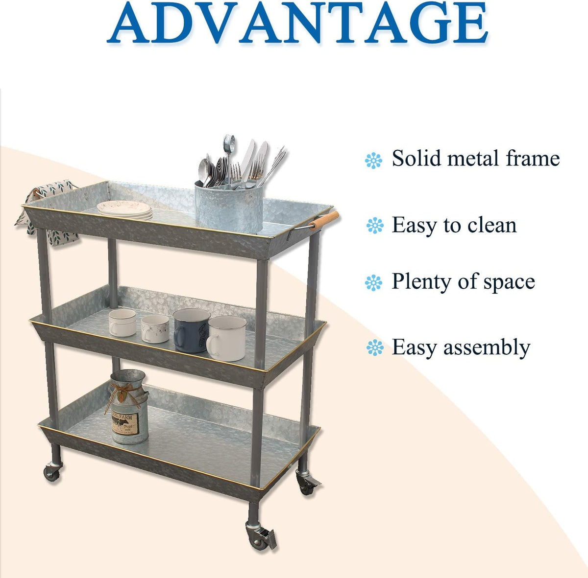 3 Tier Galvanized Metal Utility Cart with Wheels V9758