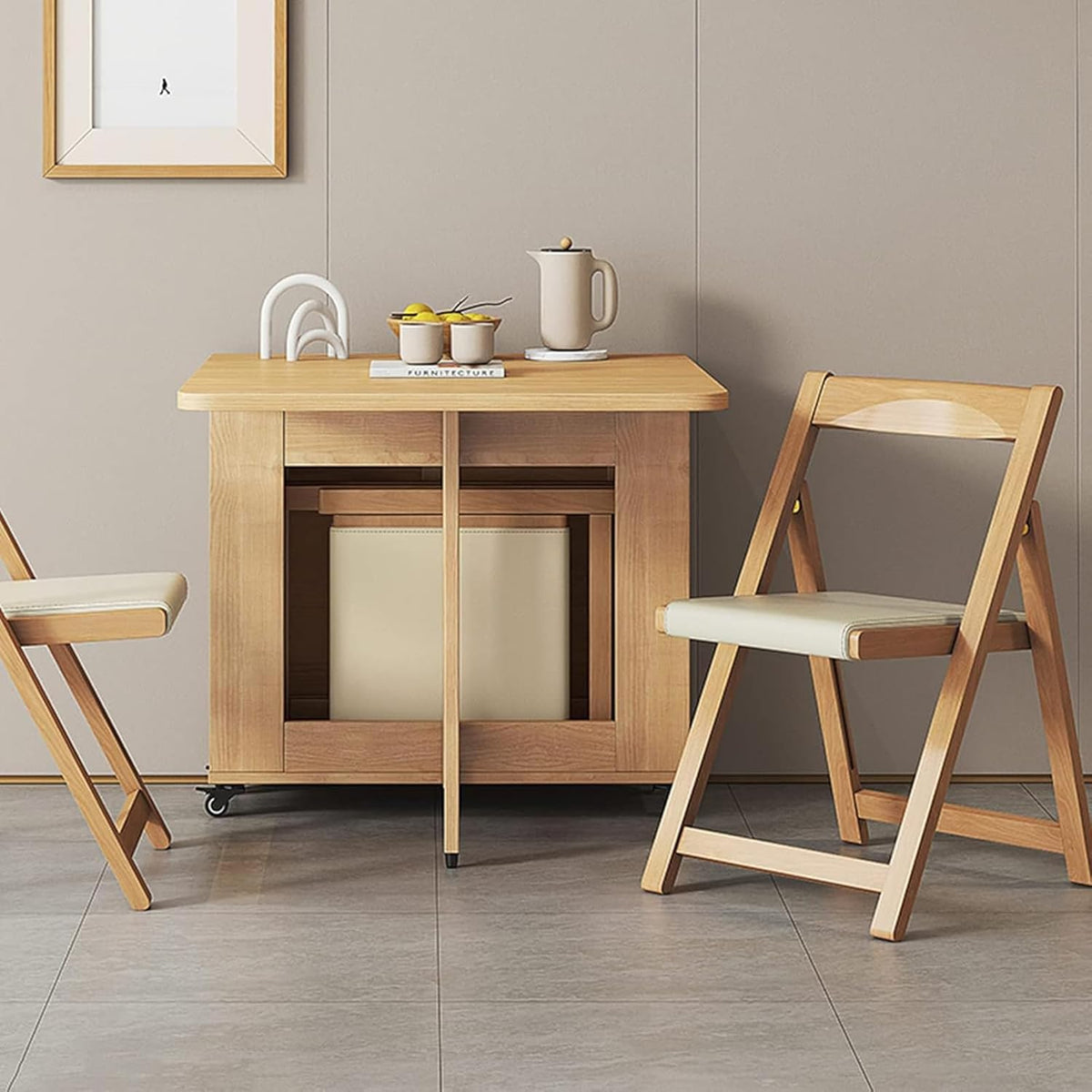 Beige Solid Wood Folding Dining Table Set D431488
