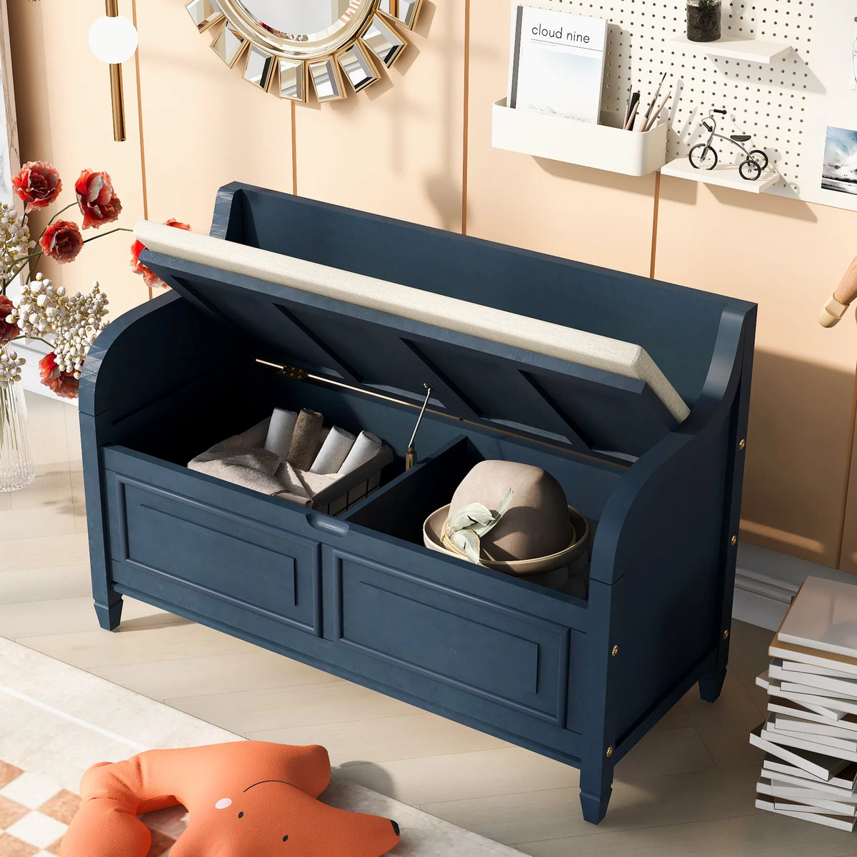 Blue Storage Bench with Hidden Storage H8207