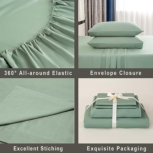 Queen Size 100% Cotton 600 Thread Count Sateen Bed Sheets 4 Pieces Set Sage Green I81940