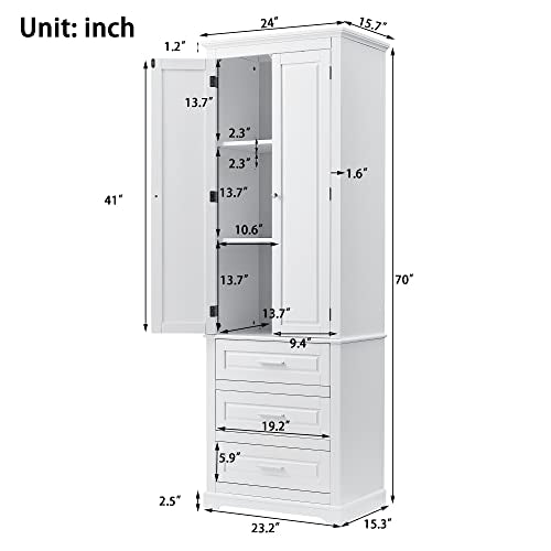 White 2 Door Tall Bathroom Storage Cabinet with 3 Drawers and Adjustable Shelves J706468