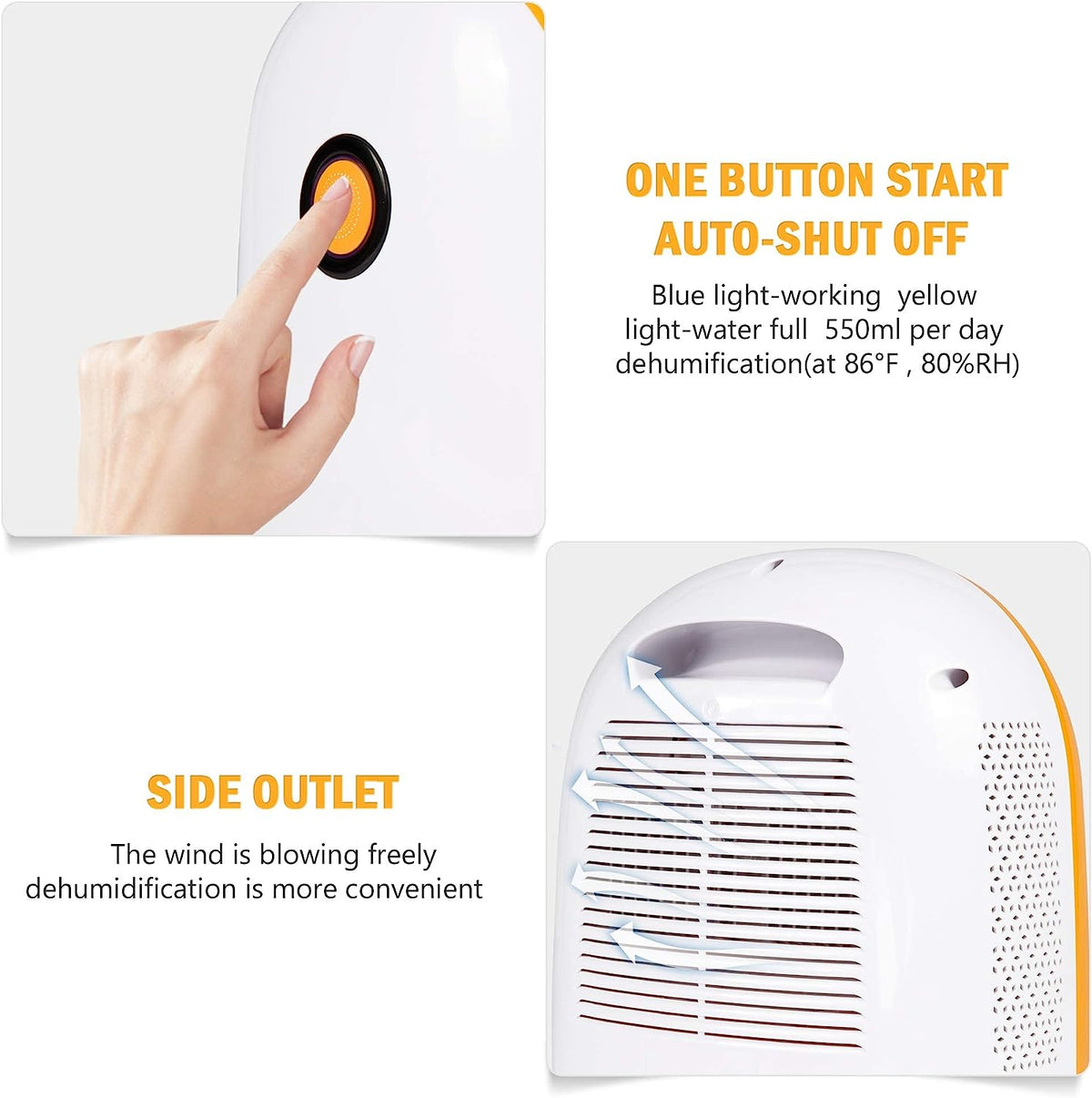 Orange Portable Dehumidifier with Auto Shut-off, 1100ml Water Tank C459