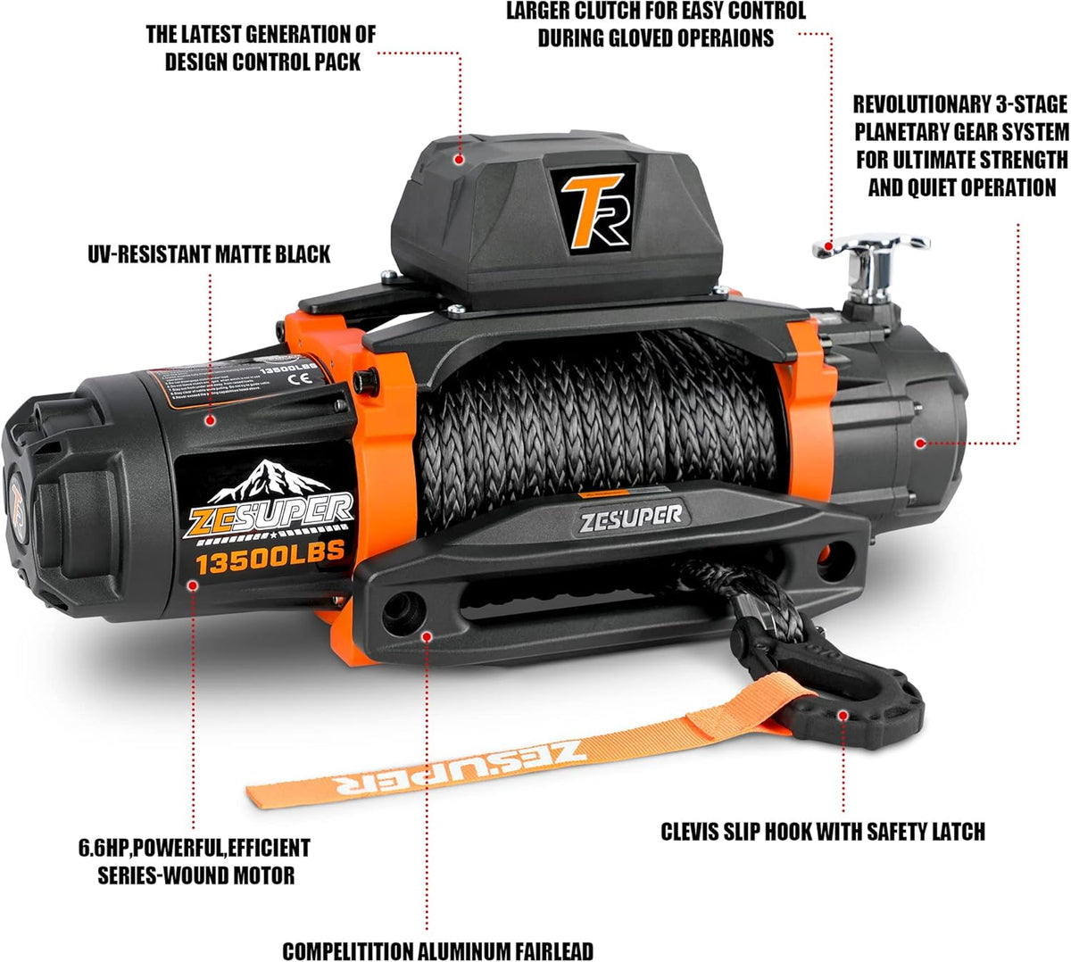12V 13500 lb Load Capacity Electric Winch with Synthetic Rope and Wireless Remote J852
