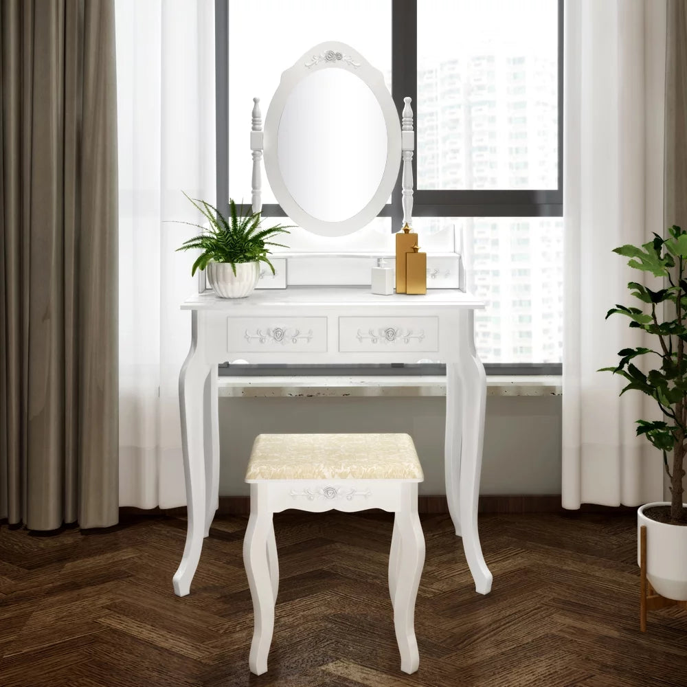 White 4 Drawer Vanity Table with Removable Mirror L836