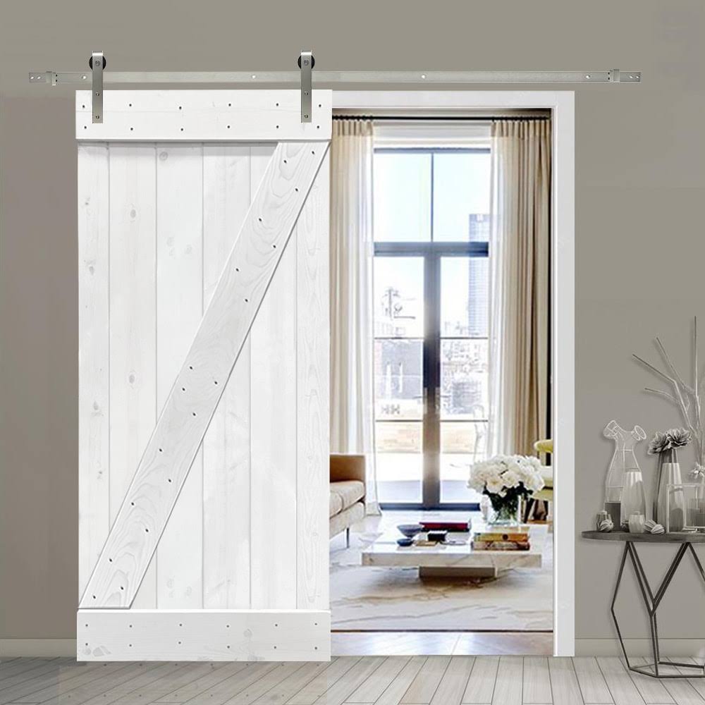White Stained Wood Interior Sliding Barn Door with Hardware Kit E21123