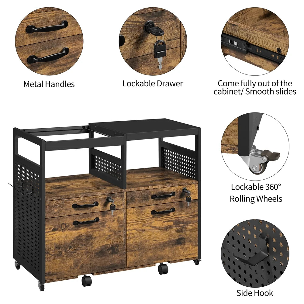 Rustic Brown Rolling Lateral File Cabinet D378