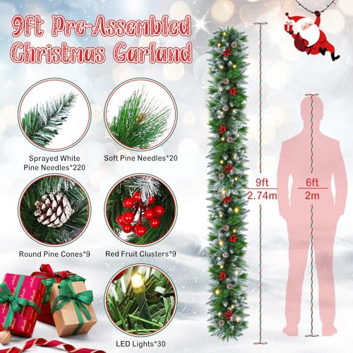 9FT Flocked Pre-Lit Artificial Garland with 30 LED Lights W1364