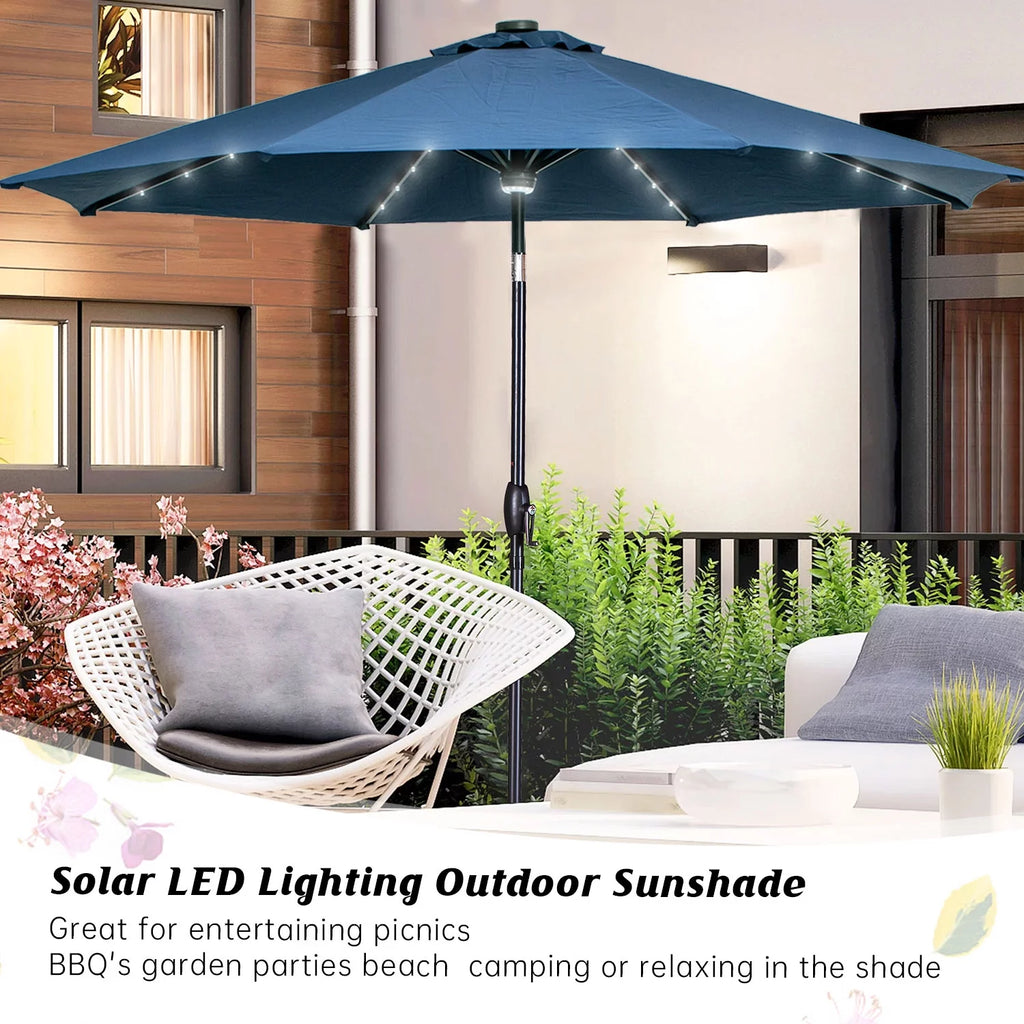 10 ft Solar Patio Umbrella with 40 LED Lights, Steel Tilt Crank, Navy Blue M350