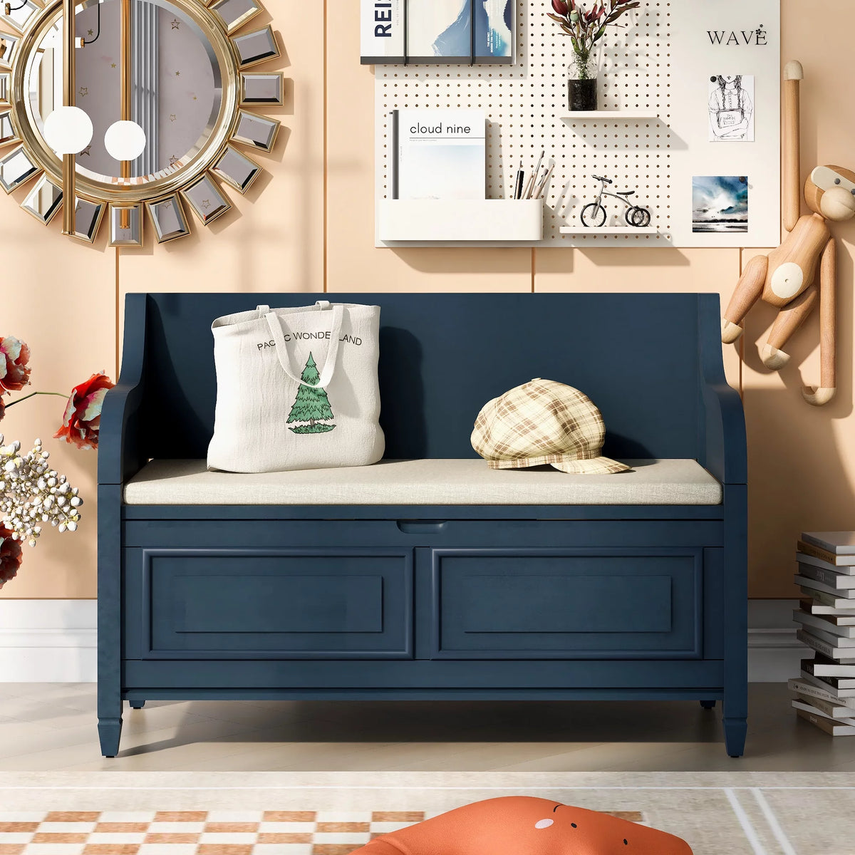 Blue Storage Bench with Hidden Storage H8207
