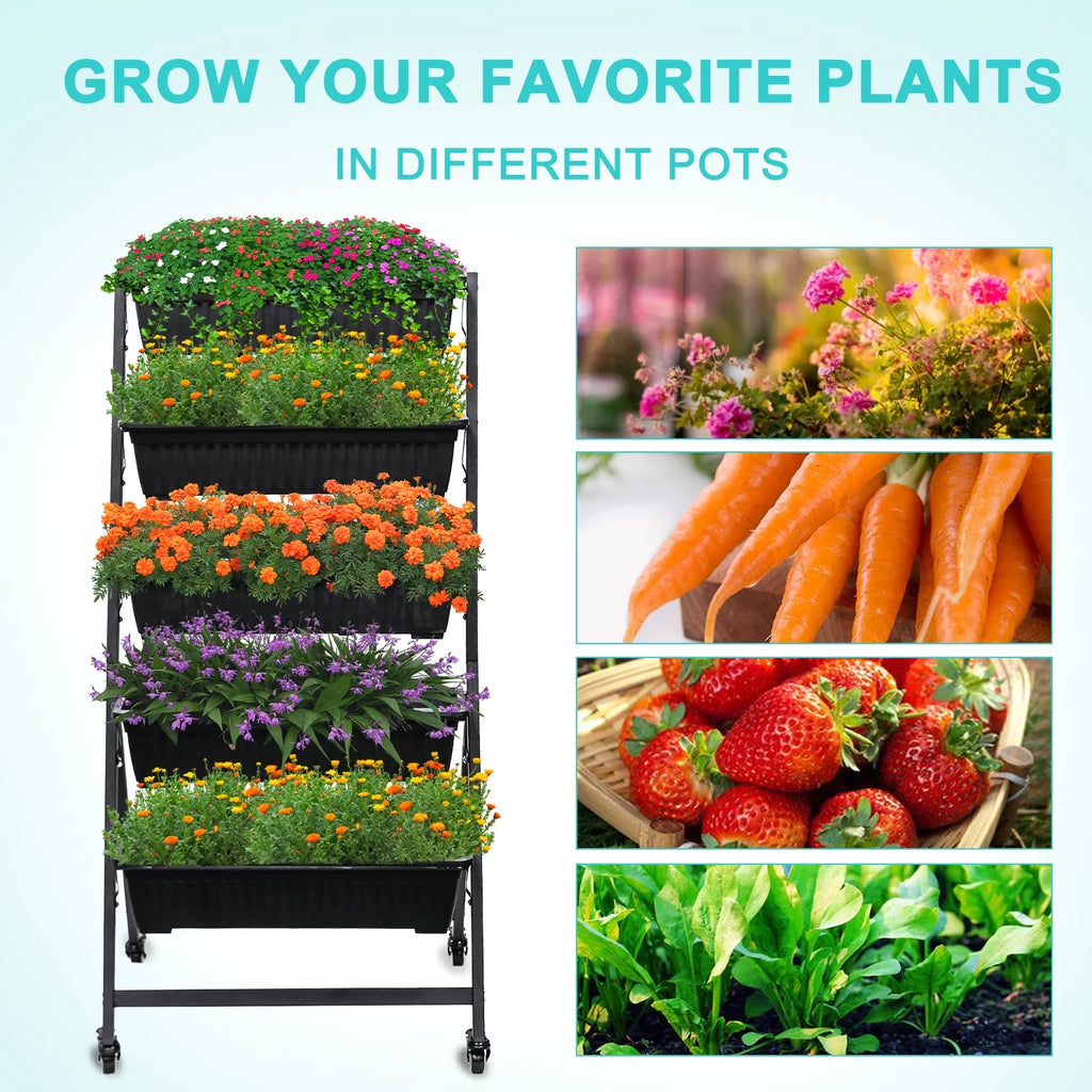 Raised Garden Bed Vertical Garden Freestanding Elevated Planters 5 Container Boxes with Wheels Q7355