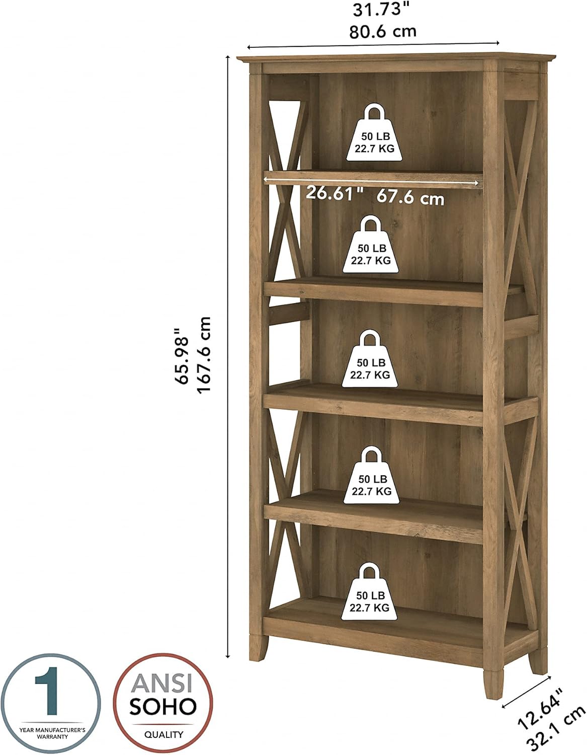 5 Shelf Bookcase, Reclaimed Pine O940534