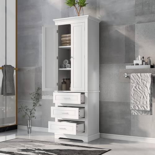 White 2 Door Tall Bathroom Storage Cabinet with 3 Drawers and Adjustable Shelves J706468