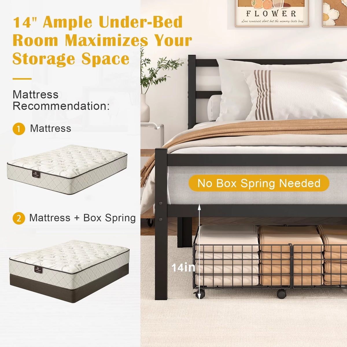 Queen Size Metal Platform Bed Frame with Headboard and Footboard J17182