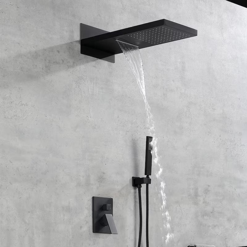 1-Handle 3-Spray Wall Mount Shower Faucet with 9 in. Waterfall Shower Head in Matte Black E3274