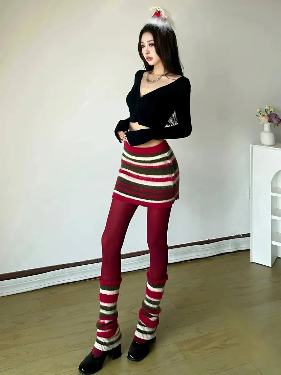 Striped Knitted Skirt Legwarmers C3849