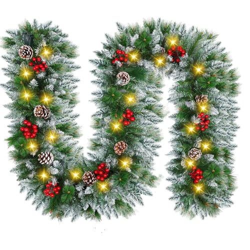 9FT Flocked Pre-Lit Artificial Garland with 30 LED Lights W1364