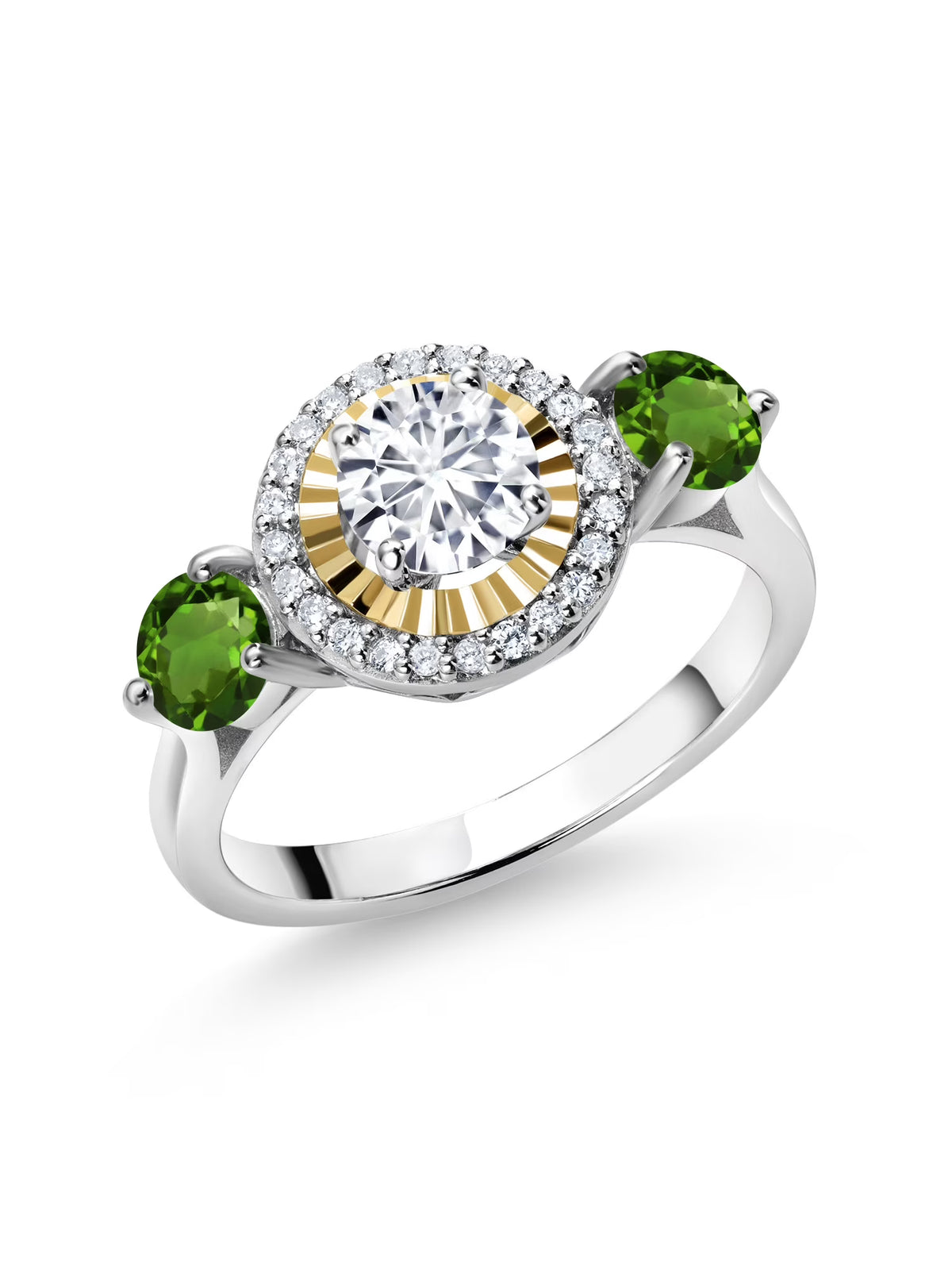 1.12 Ct Lab Grown Diamond Green Tourmaline 925 Silver 10K Yellow Gold 3 Stone Engagement Ring G568