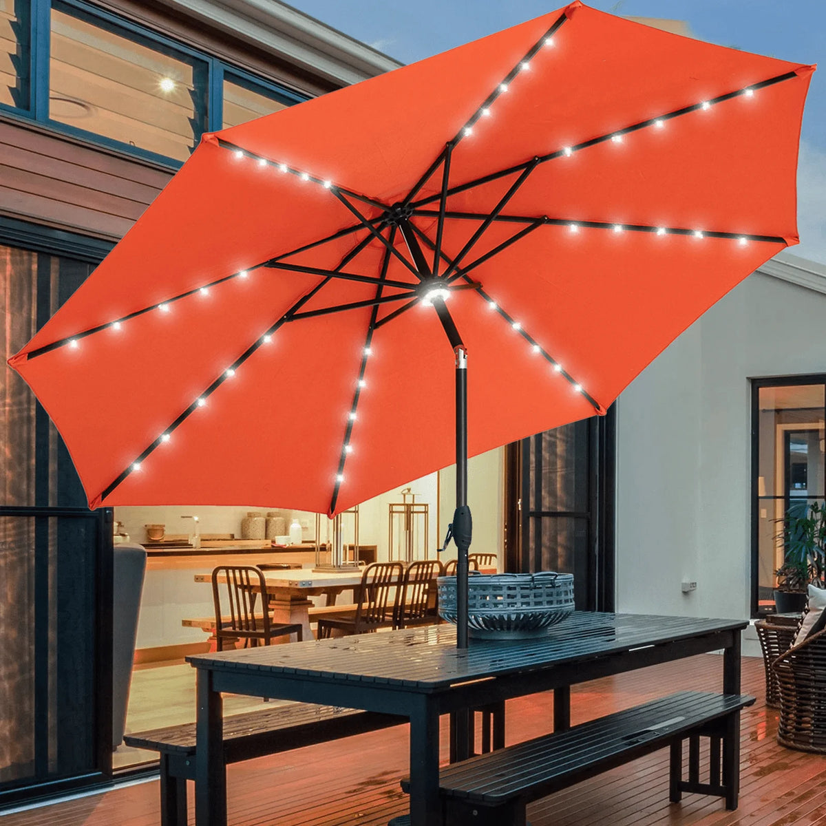 10 ft Solar Patio Umbrella with 40 LED Lights, Steel Tilt Crank, Navy Blue M350