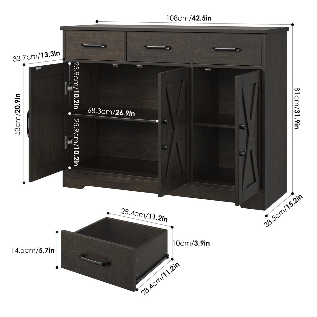 White 3 Drawer Kitchen Buffet Sideboard Cabinet with Adjustable Shelf D381