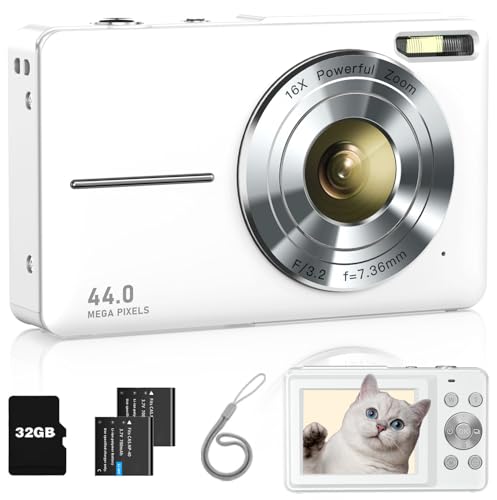 FHD 1080P Point and Shoot Kids Camera with 32GB Card, 2 Batteries, 16X Zoom Anti Shake Date Stamp, Pink X53536