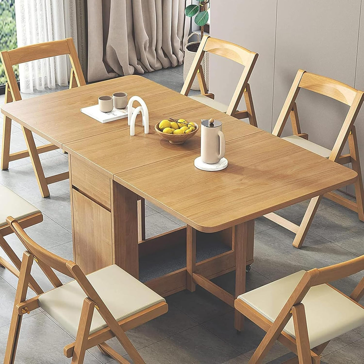 Beige Solid Wood Folding Dining Table Set D431488