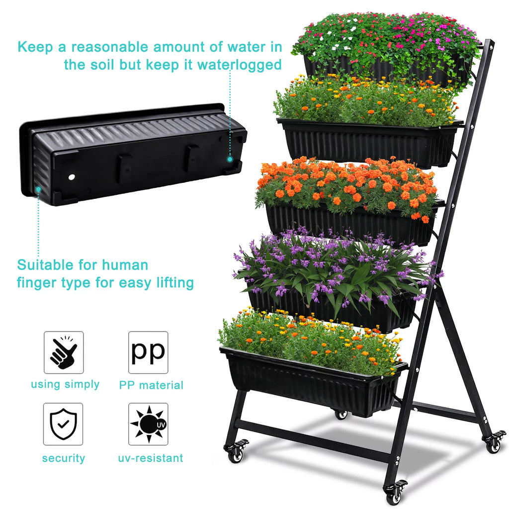 Raised Garden Bed Vertical Garden Freestanding Elevated Planters 5 Container Boxes with Wheels Q7355