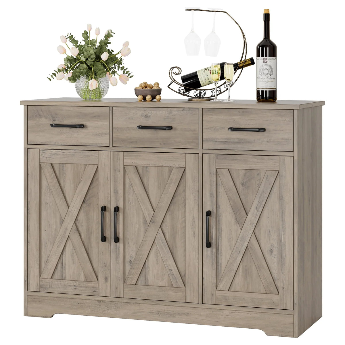 White 3 Drawer Kitchen Buffet Sideboard Cabinet with Adjustable Shelf D381