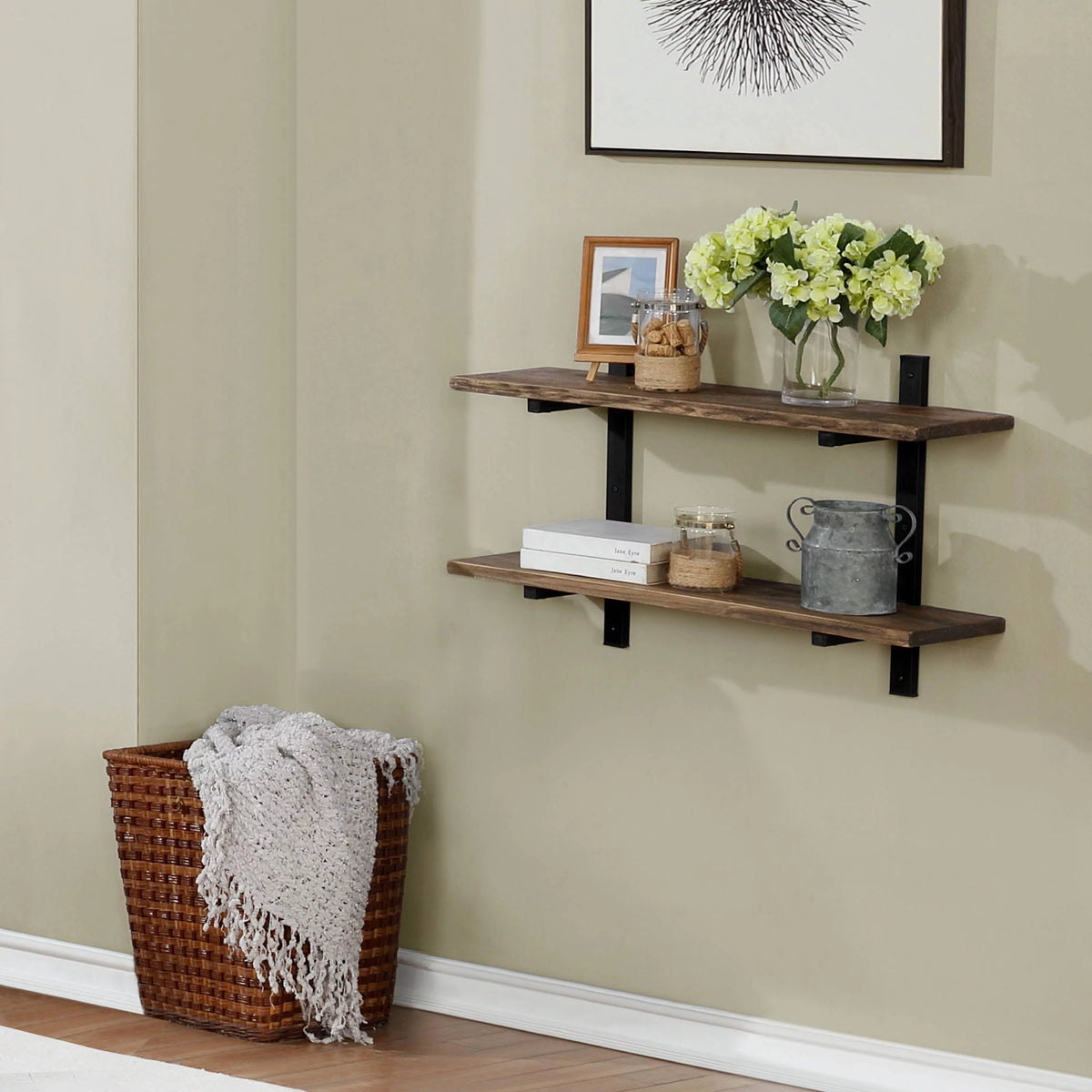 36"W Metal and Solid Wood Wall Shelf A1202