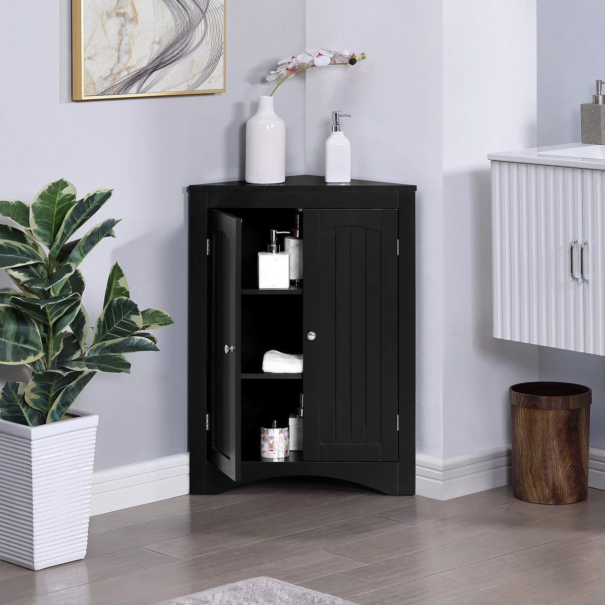 Free Standing Corner Storage Cabinet with Doors and Shelves G87329