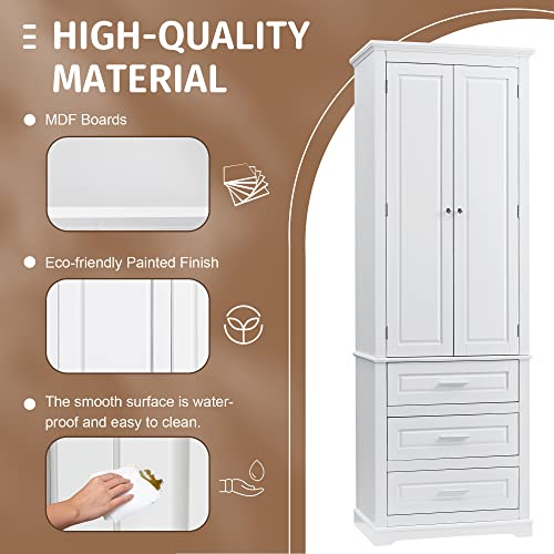 White 2 Door Tall Bathroom Storage Cabinet with 3 Drawers and Adjustable Shelves J706468