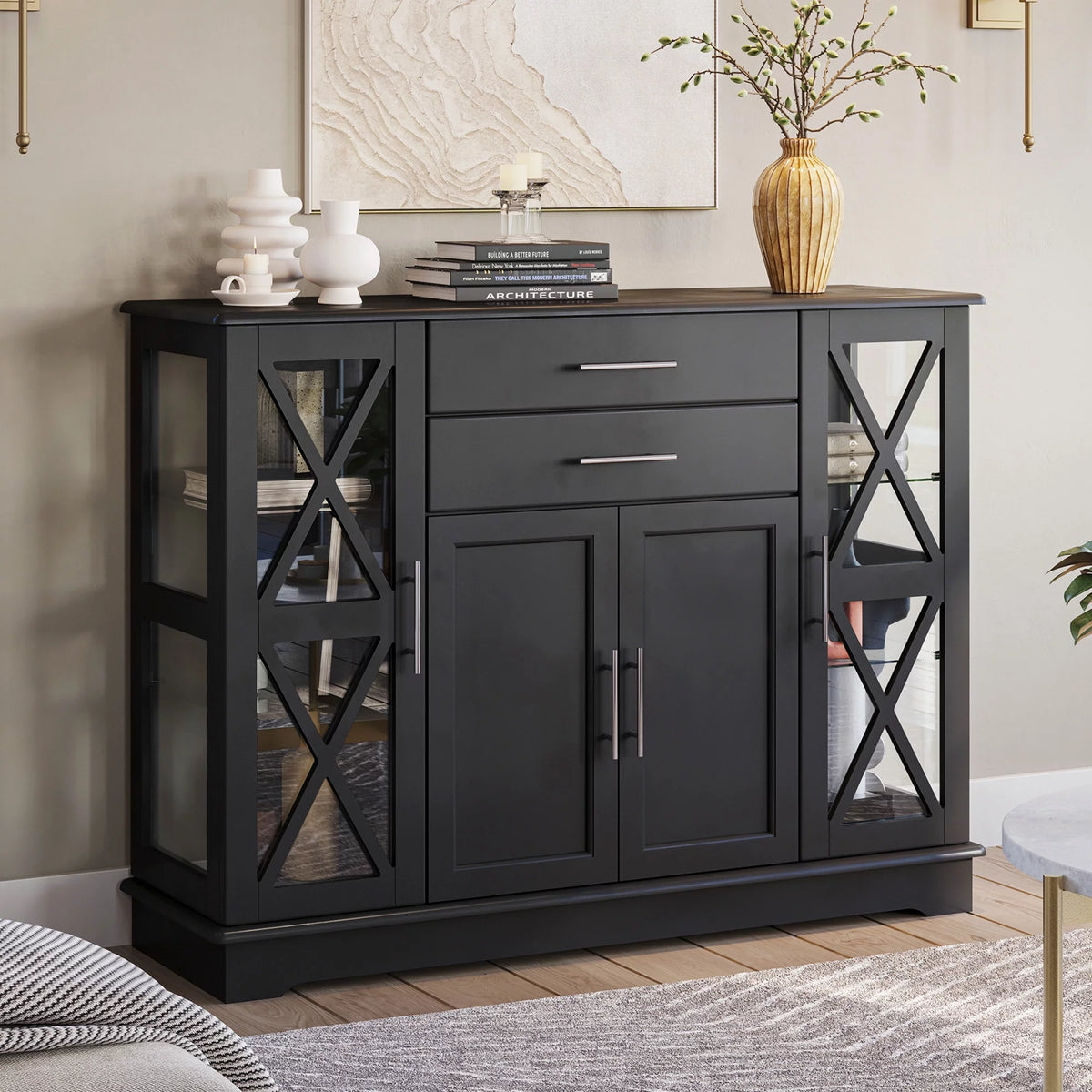 Black Wood Storage Sideboard Buffet Cabinet R59895