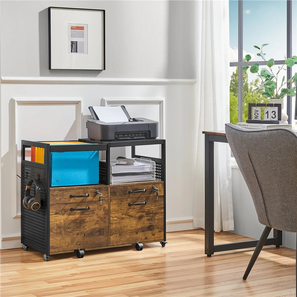 Rustic Brown Rolling Lateral File Cabinet D378