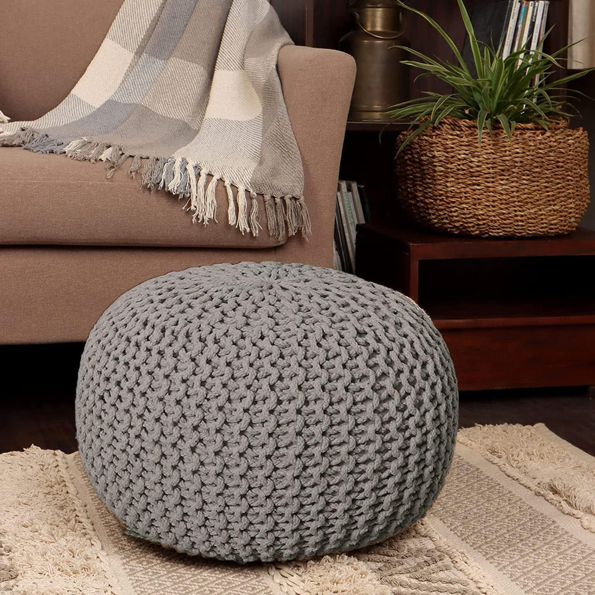 Round Cable Knitted Pouf Ottoman 18”x18”x14” Gray U723207