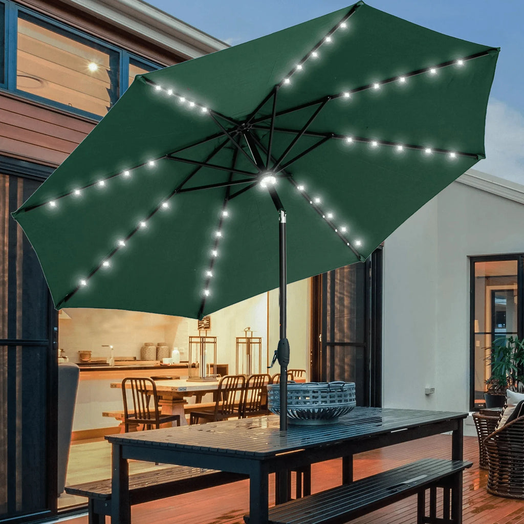 10 ft Solar Patio Umbrella with 40 LED Lights, Steel Tilt Crank, Navy Blue M350