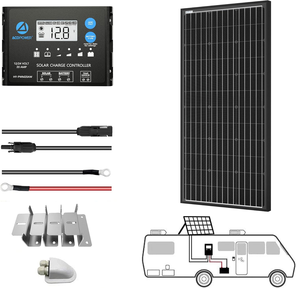 100W Monocrystalline Solar Panel Kit with 20A PWM LCD Charge Controller C695061