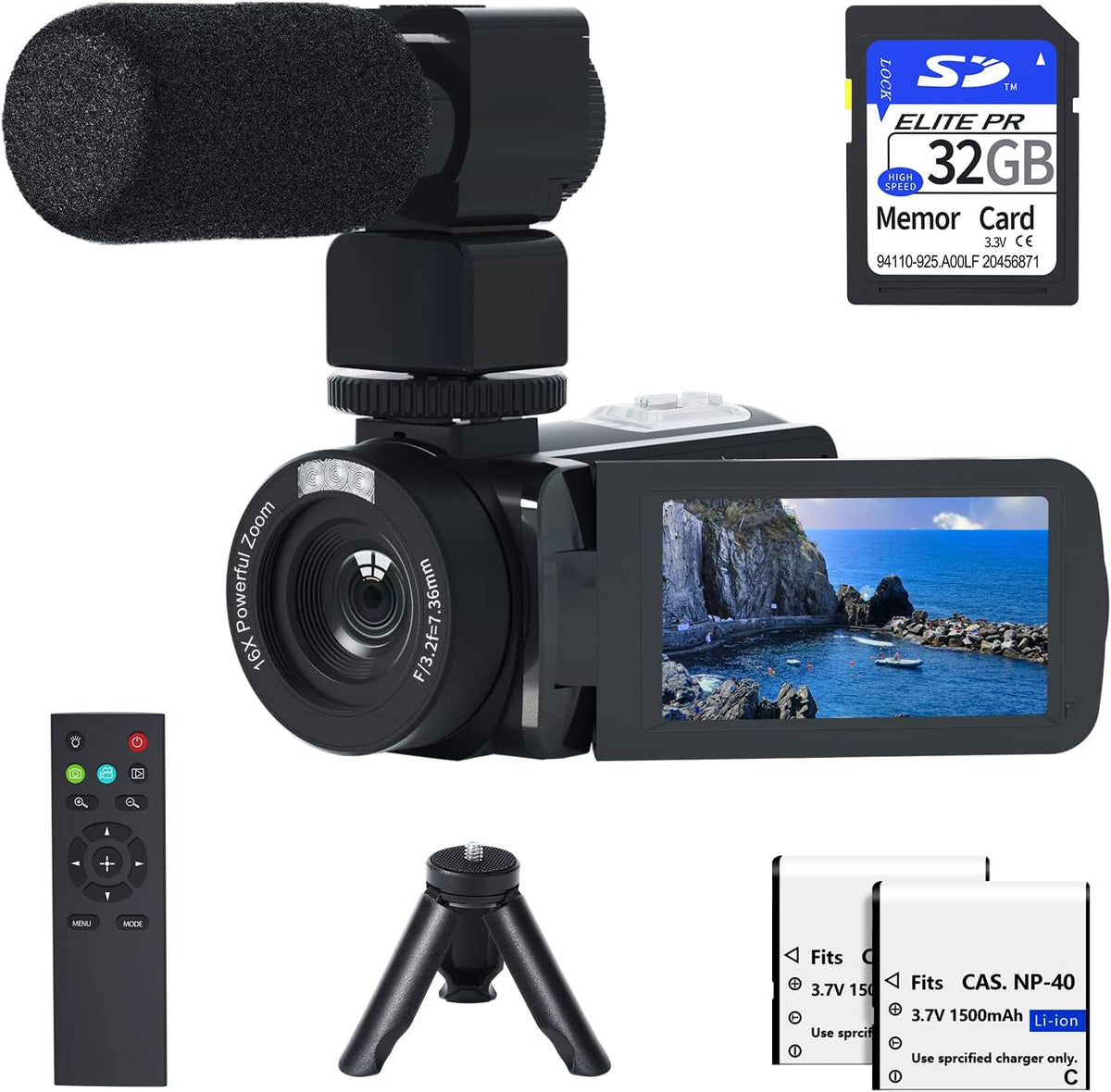 1080P 30MP Vlogging Camera Camcorder with External Microphone, Mini Tripod, 2 Batteries and 32GB SD Card U2485