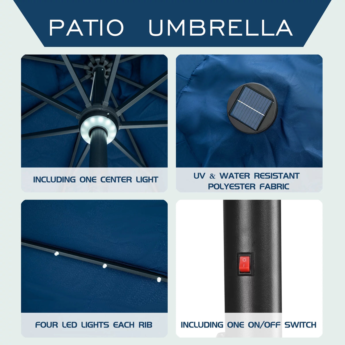 10 ft Solar Patio Umbrella with 40 LED Lights, Steel Tilt Crank, Navy Blue M350