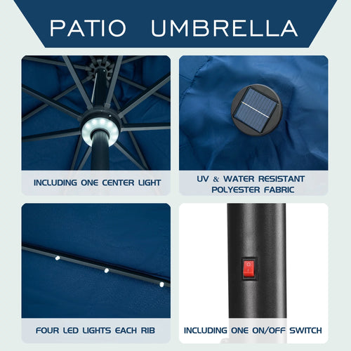 10 ft Solar Patio Umbrella with 40 LED Lights, Steel Tilt Crank, Navy Blue M350
