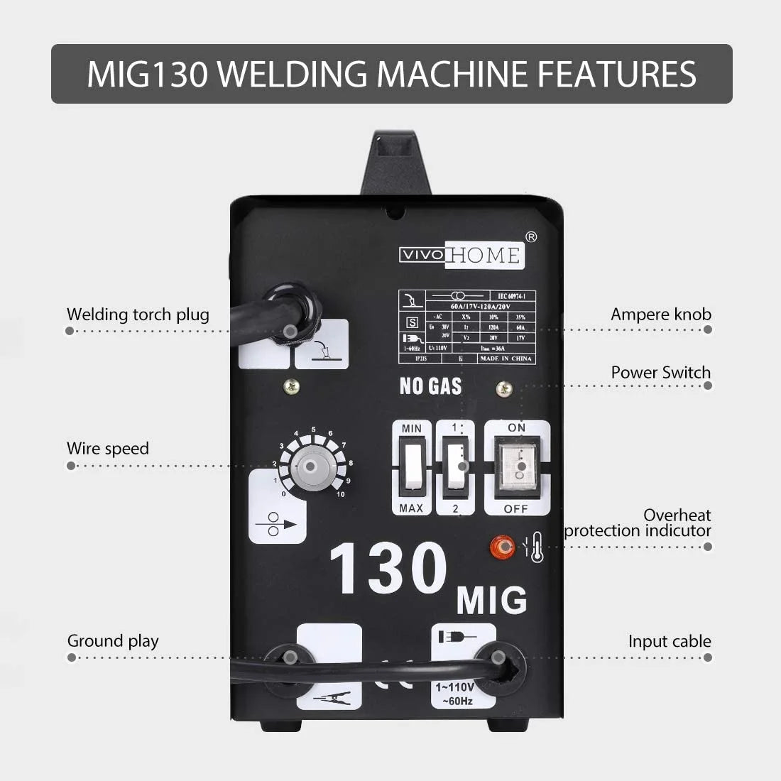 Portable No Gas MIG 130 Welder Machine 110V Black V6842