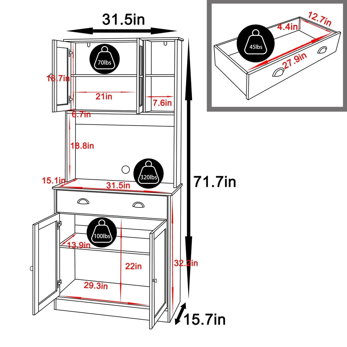 72'' Kitchen Pantry Cabinet with Microwave Stand Blue W63850